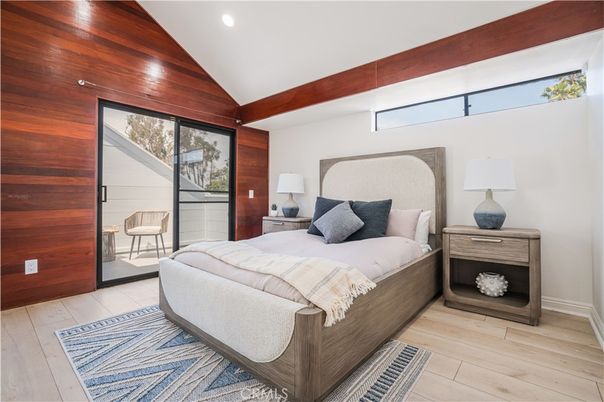 Bedroom, Interior, Recessed Lighting, Wood Texture Flooring, Wooden Walls