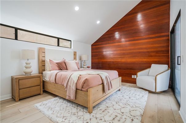 Bedroom, Interior, Recessed Lighting, Wood Texture Flooring, Wooden Walls