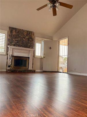 Empty room, Fireplace, Interior, Stone Walls, Wood Texture Flooring