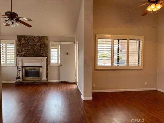 Empty room, Fireplace, Interior, Stone Walls, Wood Texture Flooring