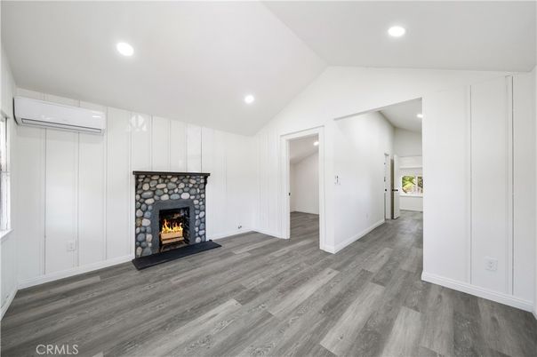 Empty room, Fireplace, Interior, Recessed Lighting, Wood Texture Flooring