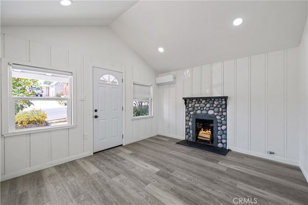 Empty room, Fireplace, Interior, Recessed Lighting, Wood Texture Flooring