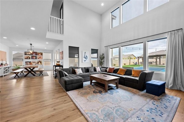 Dining room, Interior, Living room, Pendant Lights, Recessed Lighting, Wood Texture Flooring