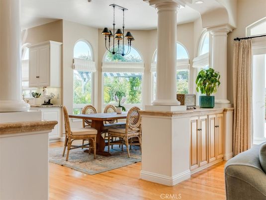 Chandelier, Dining room, Interior, Pendant Lights, Recessed Lighting, Wood Texture Flooring