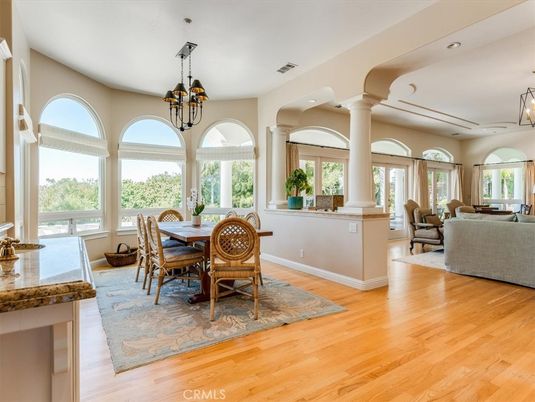 Dining room, Interior, Living room, Pendant Lights, Recessed Lighting, Wood Texture Flooring