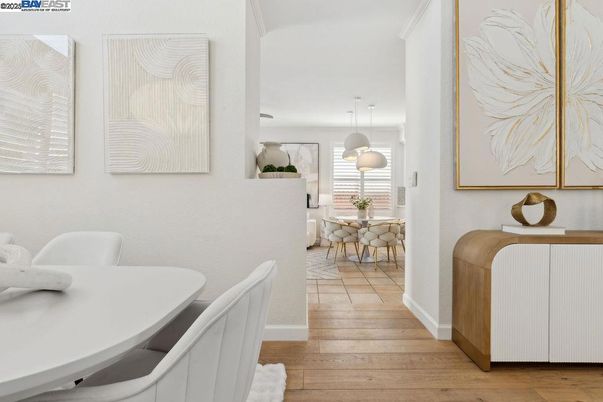 Dining room, Interior, Pendant Lights, Wood Texture Flooring