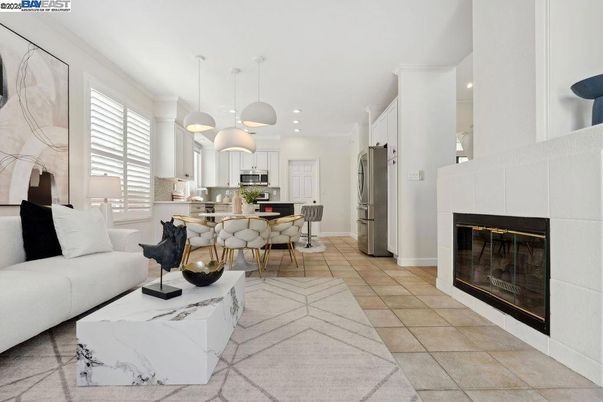 Dining room, Fireplace, Interior, Kitchen, Living room, Pendant Lights, Recessed Lighting, Stainless Steel Appliances
