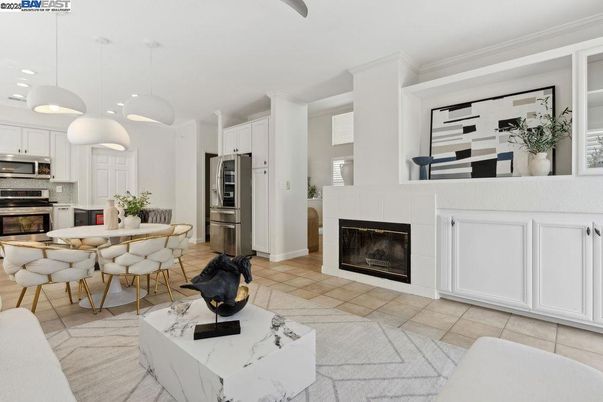 Dining room, Fireplace, Interior, Kitchen, Pendant Lights, Stainless Steel Appliances