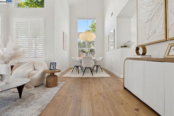 Dining room, Interior, Pendant Lights, Wood Texture Flooring