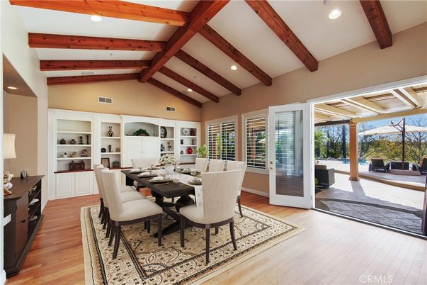 Dining room, Interior, Recessed Lighting, Wooden Beams, Wood Texture Flooring
