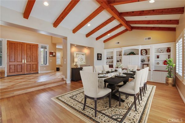 Dining room, Interior, Recessed Lighting, Wooden Beams, Wood Texture Flooring