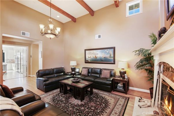 Chandelier, Fireplace, Interior, Living room, Wooden Beams, Wood Texture Flooring