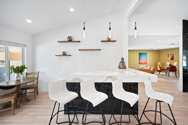 Dining room, Interior, Pendant Lights, Recessed Lighting, Wood Texture Flooring