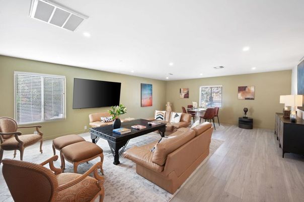 Dining room, Interior, Living room, Recessed Lighting, Wood Texture Flooring