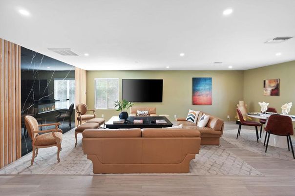 Dining room, Fireplace, Interior, Living room, Marble Walls, Recessed Lighting, Wood Texture Flooring