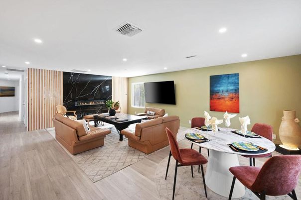 Dining room, Fireplace, Interior, Living room, Marble Walls, Recessed Lighting, Wood Texture Flooring