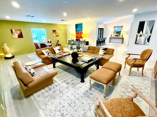 Dining room, Interior, Living room, Recessed Lighting, Wood Texture Flooring