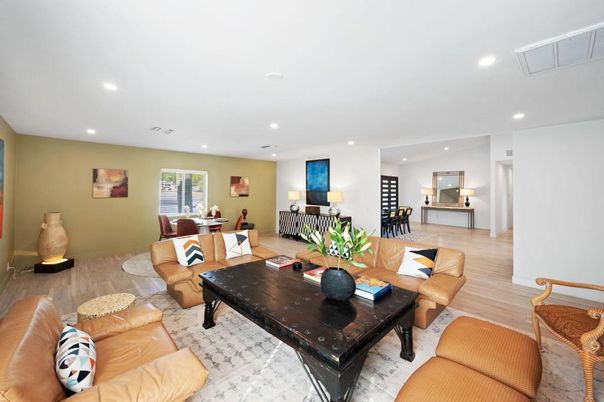 Dining room, Interior, Living room, Recessed Lighting, Wood Texture Flooring