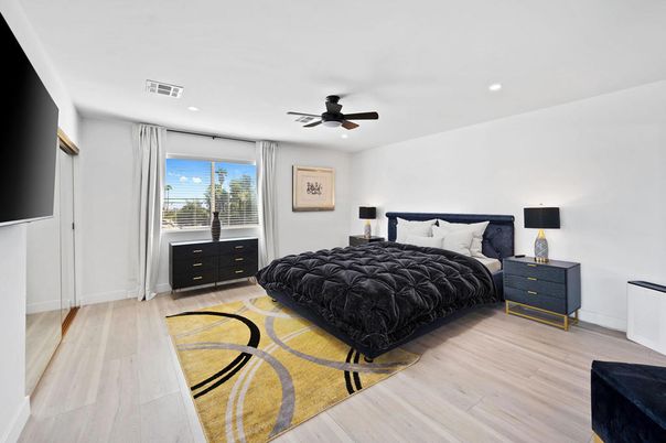 Bedroom, Interior, Recessed Lighting, Wood Texture Flooring