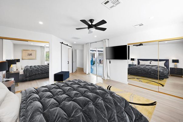 Bedroom, Interior, Recessed Lighting, Wood Texture Flooring