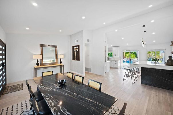 Dining room, Interior, Kitchen, Pendant Lights, Recessed Lighting, Wood Texture Flooring