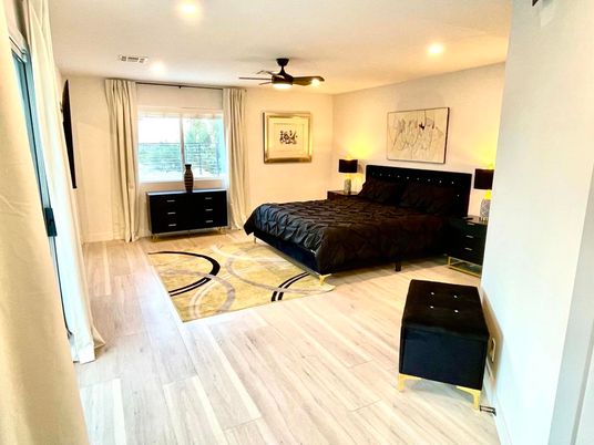 Bedroom, Interior, Recessed Lighting, Wood Texture Flooring