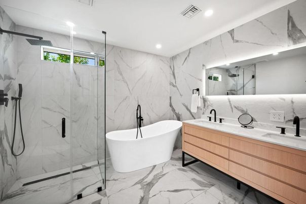 Bathroom, Dual Sink Vanities, Free Standing Baths, Glass Shower, Interior, Marble, Marble Walls, Recessed Lighting