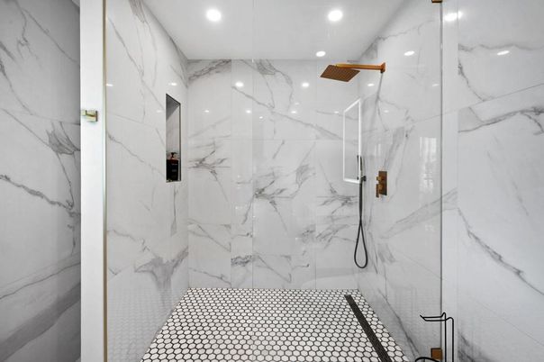 Bathroom, Glass Shower, Interior, Marble Walls, Recessed Lighting