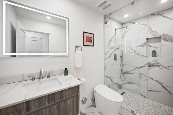 Bathroom, Glass Shower, Interior, Marble Walls, Recessed Lighting