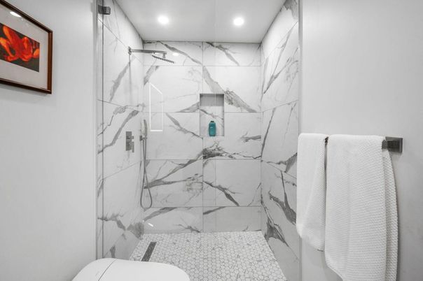 Bathroom, Glass Shower, Interior, Marble Walls, Recessed Lighting