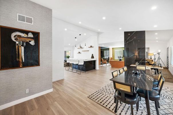 Dining room, Interior, Pendant Lights, Recessed Lighting, Wood Texture Flooring