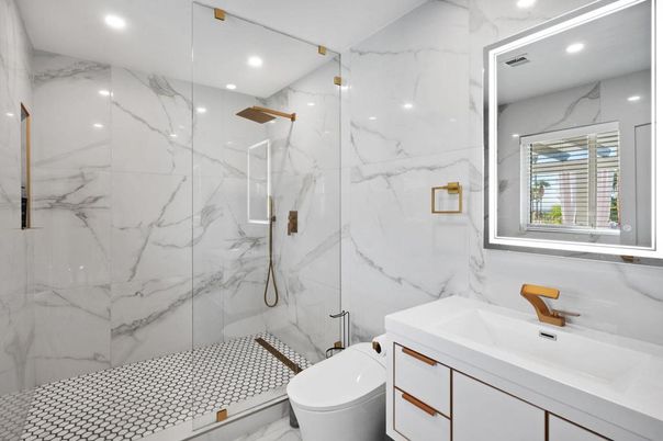Bathroom, Glass Shower, Interior, Marble Walls, Recessed Lighting