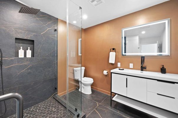 Bathroom, Dual Sink Vanities, Interior, Marble Walls, Recessed Lighting