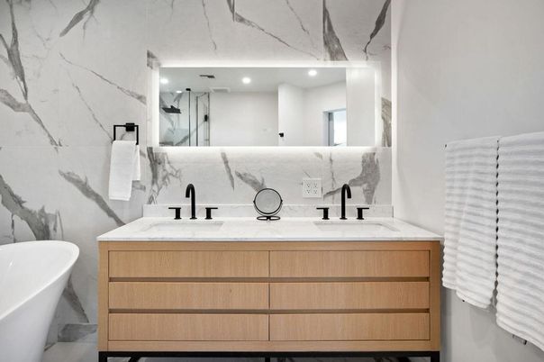 Bathroom, Dual Sink Vanities, Free Standing Baths, Interior, Marble Walls, Recessed Lighting