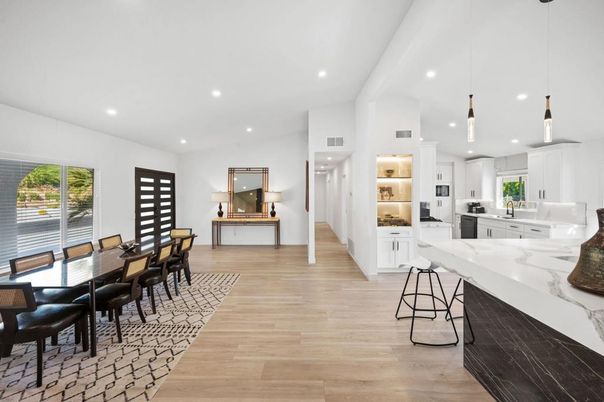 Dining room, Interior, Kitchen, Pendant Lights, Recessed Lighting, Wood Texture Flooring