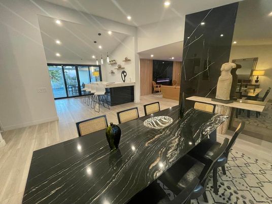 Dining room, Interior, Recessed Lighting, Wood Texture Flooring
