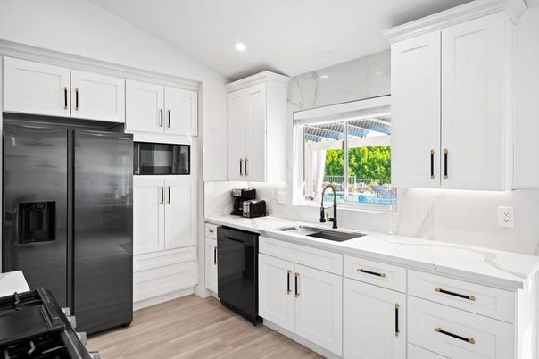 Interior, Kitchen, Marble Walls, Recessed Lighting, Wood Texture Flooring