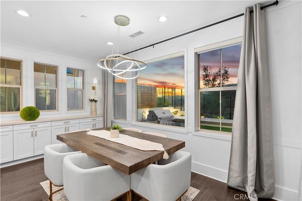 Dining room, Interior, Pendant Lights, Recessed Lighting, Wood Texture Flooring