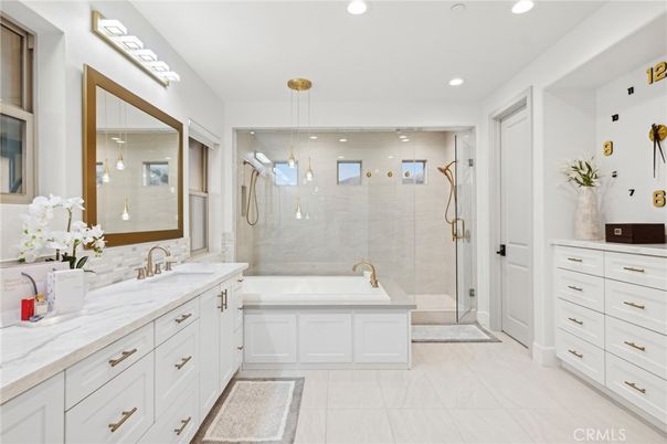 Bathroom, Dual Sink Vanities, Glass Shower, Interior, Pendant Lights, Recessed Lighting