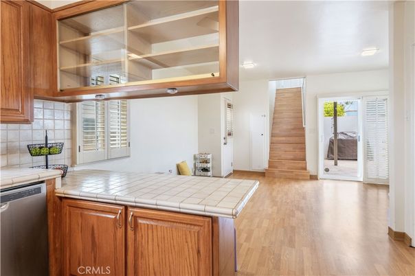 Interior, Kitchen, Tile Countertops, Wood Texture Flooring