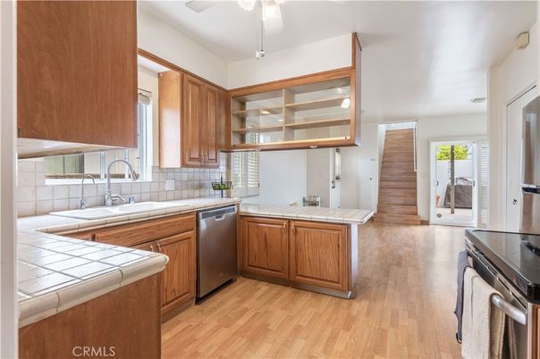 Interior, Kitchen, Tile Countertops, Wood Texture Flooring