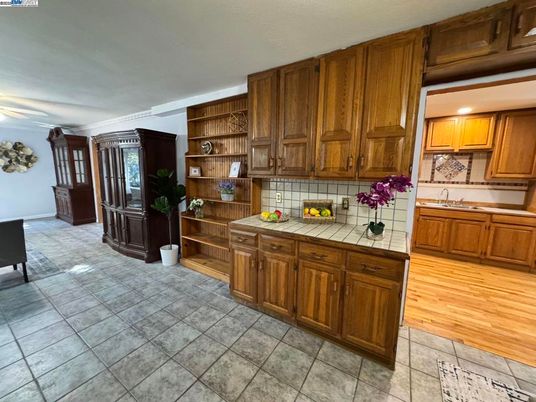 Interior, Kitchen, Tile Countertops, Wood Texture Flooring