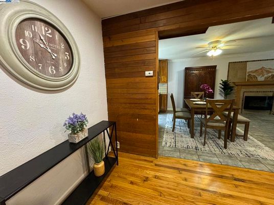 Dining room, Fireplace, Interior, Wood Texture Flooring, Wooden Walls