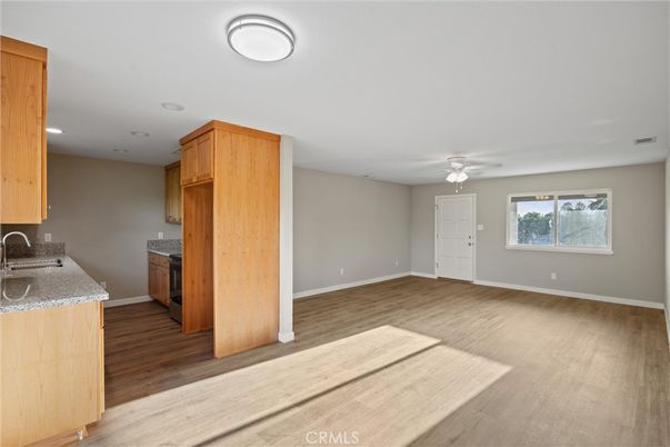 Empty room, Interior, Kitchen, Recessed Lighting, Wood Texture Flooring