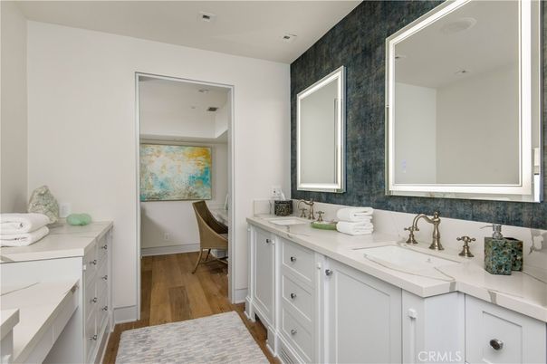 Bathroom, Dual Sink Vanities, Interior, Recessed Lighting, Wood Texture Flooring