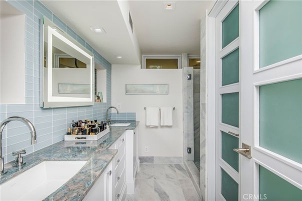 Bathroom, Dual Sink Vanities, Interior, Marble, Recessed Lighting