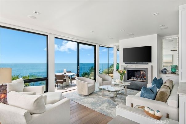 Fireplace, Interior, Living room, Recessed Lighting, Water, Wood Texture Flooring