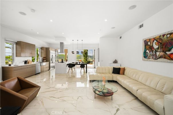 Interior, Kitchen, Living room, Marble, Pendant Lights, Recessed Lighting, Stainless Steel Appliances
