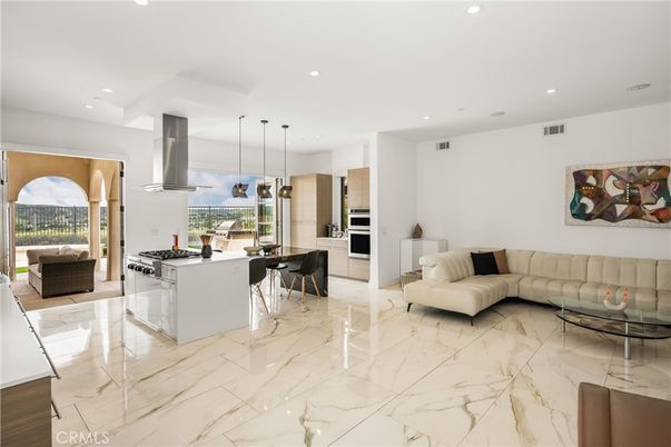 Dining room, Interior, Kitchen, Living room, Marble, Pendant Lights, Recessed Lighting, Stainless Steel Appliances