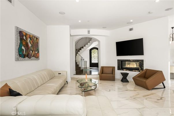 Fireplace, Interior, Living room, Marble, Recessed Lighting